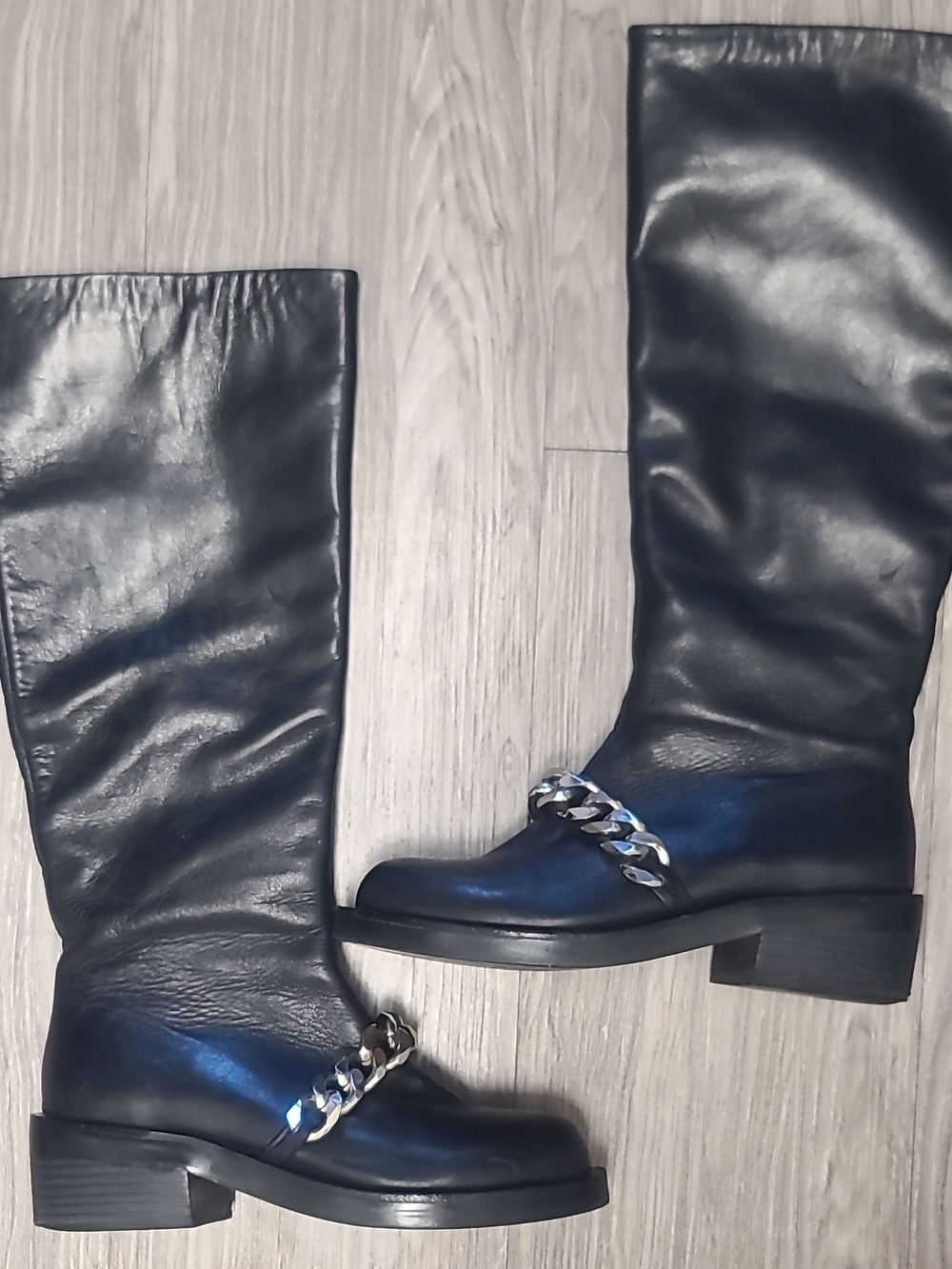 Givenchy Black Leather Chain & Zipper Knee High Riding Boots Women EU 37 US 6 - Picture 12 of 13
